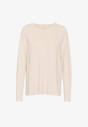 Lys beige strikket sweater med rund halsudskæring, lange ærmer og et struktureret ribbet mønster. Casual fit med sænket skuldersøm.