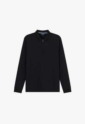 Schwarzes Langarm-Poloshirt aus weichem Stoff. Mit einem Reißverschluss am Hals und gerippten Bündchen. Schlichtes Design mit klassischem Kragen.