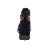 Bottine en daim bleu marine avec une bride en cuir marron et une fermeture éclair, semelle en caoutchouc, vue de dos sur fond blanc.