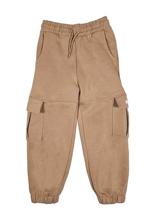 Pantaloni cargo color sabbia realizzati in tessuto strutturato, con vita elastica e cordoncino, tasche laterali e polsini alla caviglia arricciati.