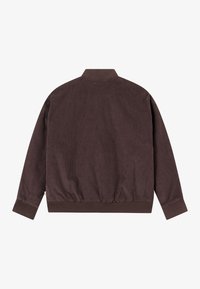 Brown corduroy jacket with a high collar, ribbed cuffs, and a gathered waistband, featuring a textured fabric and a simple design.