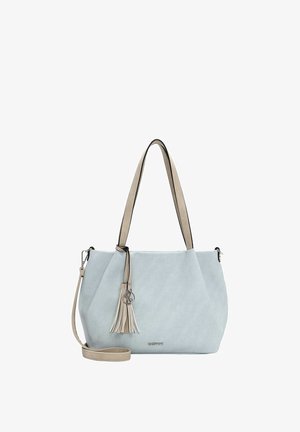 Lichtblauwe suède handtas met beige handvatten en afneembare schouderband, versierd met een beige kwastje en een kleine metalen logohanger.