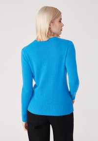 Blauer gestrickter Pullover mit langen Ärmeln, rundem Ausschnitt und geripptem Saum. Weiche Textur mit taillierter Passform und kontrastierenden Bündchen.