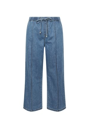 Pantaloni in denim a gamba larga di colore blu con vita elasticizzata e cordino, caratterizzati da dettagli di cucitura verticale sul davanti.