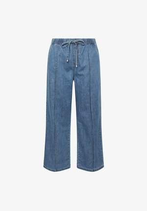 Pantaloni in denim a gamba larga di colore blu con vita elasticizzata e cordino, caratterizzati da dettagli di cucitura verticale sul davanti.