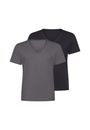 Zwei schlichte T-Shirts mit kurzen Ärmeln und V-Ausschnitt, eines grau vorne und eines schwarz hinten, auf weißem Hintergrund dargestellt.