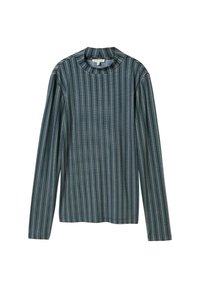Maglietta a maniche lunghe in navy con strisce verticali. Presenta un collo alto e una consistenza del tessuto morbida. Progettata con una silhouette aderente.