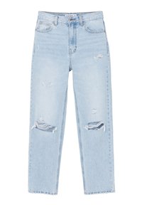 Jeans azzurri chiari a vita alta, dritti, con strappi consumati su cosce e ginocchia, design a cinque tasche e chiusura con bottone.