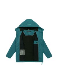 Blågrøn hættetrøje lagt åben, der viser sort inderfor, indvendig lynlåslomme og trykt vaskeanvisningslabel på venstre side.