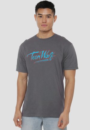 Gray cotton t-shirt with a round neckline, featuring "Teen Wolf" logo in blue and red, short sleeves, and a relaxed fit.