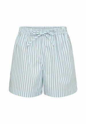 Lichtblauwe shorts met verticale bruine strepen, elastische tailleband en een strikdetail aan de voorkant. Gemaakt van een zachte stof, met een ontspannen pasvorm.