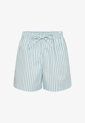 Svetlo modre kratke hlače z vertikalnimi rjavimi črtami, elastičnim pasom in detajlom z vezavo spredaj. Narejene so iz gladkega materiala in imajo sproščen kroj.