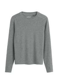 Halline hall pullover, millel on pikad varrukad ja ribatud kangas, ümmargune kaelus ja �õmmeldud õlavarre detail. Lihtne ja slim-fit disain.