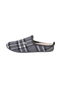 Zapatilla de cuadros gris con forro suave, que presenta un diseño sin cierre, puntera redondeada y suela de goma negra. Acentuada con rayas rojas y verdes.