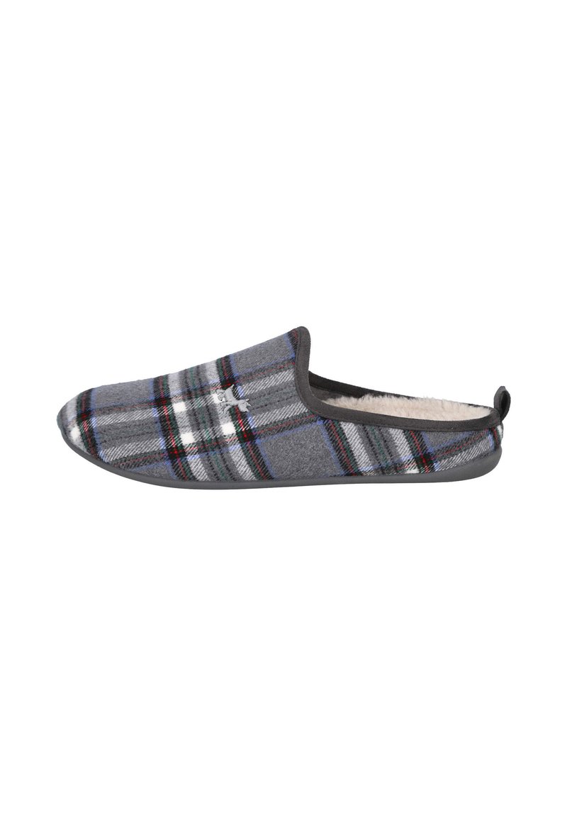 Zapatilla de cuadros gris con forro suave, que presenta un diseño sin cierre, puntera redondeada y suela de goma negra. Acentuada con rayas rojas y verdes.