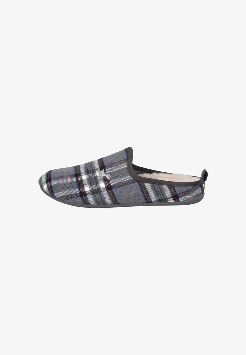 Zapatilla de cuadros gris con forro suave, que presenta un diseño sin cierre, puntera redondeada y suela de goma negra. Acentuada con rayas rojas y verdes.