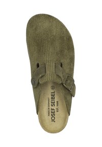 Olive green, ribbed fabric slip-on shoe with a wide strap and metal buckle. Features a contoured footbed; size marked as 42.