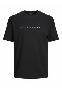Black cotton T-shirt featuring a crew neck, short sleeves, and white text reading "JACK & JONES" across the chest. Simple design.