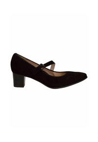 Scarpa bassa in suede nero con tacco basso, punta appuntita, cinturino alla caviglia e dettaglio con fibbia. Presenta una tomaia texturizzata e un interno liscio.