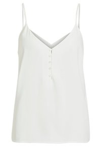 Weißes ärmelloses Top mit dünnen Trägern, V-Ausschnitt und fünf kleinen Knöpfen in der Mitte nach unten.