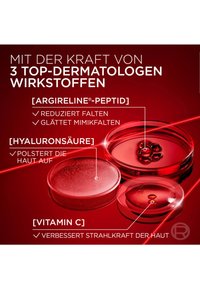 R�öda cirkulära behållare med genomskinliga lock håller gel-liknande formler. En starkt röd bakgrund med vit text framhäver aktiva ingredienser: Argireline, Hyaluronsyra, Vitamin C.