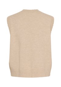 Bež pleteni brezrokavnik s šivanim okroglim izrezom, odprtinami za roke in spodnjim robom, prikazan s hrbtne strani na beli podlagi.