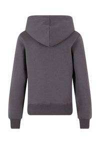 Sweat à capuche gris avec une texture lisse, des poignets et un ourlet côtelés, et un design simple et épuré sans embellissements à l'avant.