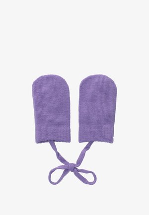 Een paar paarse gebreide babywantjes verbonden door een bijpassend koord dat in een strik is gebonden.