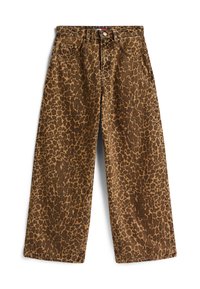 Jeans w szerokich nogawkach w panterkę wykonane z fakturowanej tkaniny, z wysokim stanem, szlufkami na pasek i przednimi kieszeniami, w odcieniach brązu i beżu.
