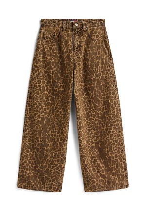 Leopardenmusterweite Jeans aus strukturiertem Stoff, mit hoher Taille, Gürtelschlaufen und vorderen Taschen, in Brauntönen und Beige.