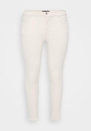 Weiße Skinny-Jeans mit einer mittelhohen Taille. Stretch-Denim-Material, Fünf-Taschen-Design und antikierter Saumdetail an den Knöcheln.