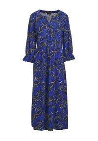 Langes blaues Kleid mit einem Blattmuster, featuring einen V-Ausschnitt, Knopfleiste und gestufte Rüschenschultern. Hergestellt aus leichtem Stoff.