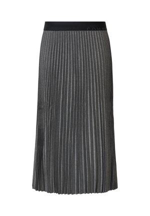 Pleated gray skirt with a black elastic waistband. Made from soft fabric, featuring vertical pleats and a knee-length design.