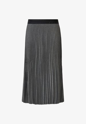 Szara spódnica plisowana z czarnym elastycznym pasem. Wykonana z miękkiego materiału, z pionowymi plisami i długością do kolan.