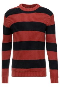 Red and navy striped knitted sweater with a round neckline, ribbed texture, and long sleeves. Distinct horizontal stripe pattern.