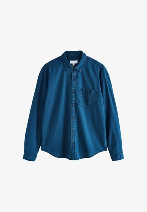 Langärmeliges, denimblaues Button-up-Hemd mit Brusttasche und Kragen, Größe M, strukturiertes Gewebe.
