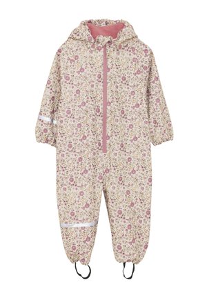 Enkelt regndragt med blomsterprint i cremefarve, med lyserøde accenter, elastiske manchetter og reflekterende striber for synlighed. Inkluderer en hætte.