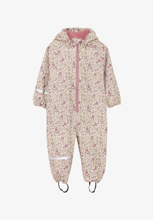 Kombinezon przeciwdeszczowy w kremowym kolorze z kwiatowym nadrukiem, różowymi akcentami, elastycznymi mankietami oraz odblaskowymi paskami dla zwiększenia widoczności. Posiada kaptur.