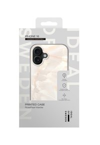 iPhone-etui med design i rose perlemarmor; har en blank finish, slankt profil og kameraudskæring. Inkluderer MagSafe-kompatibilitet.