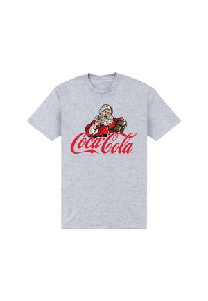 Szary bawełnowy T-shirt z grafiką Świętego Mikołaja trzymającego butelkę Coca-Coli, z logo Coca-Cola wyraźnie widocznym poniżej.