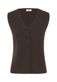 Veste sans manches tricotée marron foncé avec un col en V et six boutons recouverts de tissu sur le devant.