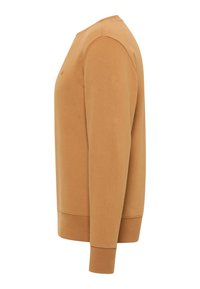 Amber-colored sweatshirt made of soft cotton blend, featuring a crew neckline, long sleeves, and ribbed cuffs and hem. Clean lines, no patterns.