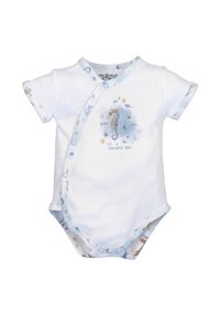 Witte babyromper met korte mouwen, voorzien van een zeepaardontwerp en lichtblauwe afwerking met oceanethema-patronen. Drukknoopsluiting.