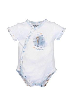 Witte babyromper met korte mouwen, voorzien van een zeepaardontwerp en lichtblauwe afwerking met oceanethema-patronen. Drukknoopsluiting.