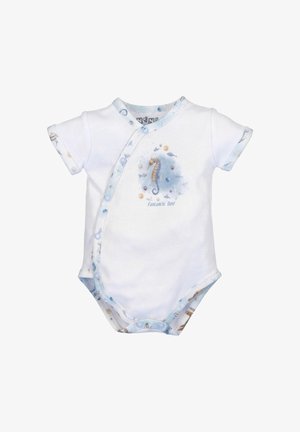 Body neonato bianco con maniche corte, con un design di cavalluccio marino e bordi azzurri chiari con motivi a tema marino. Chiusura con bottoni a pressione.