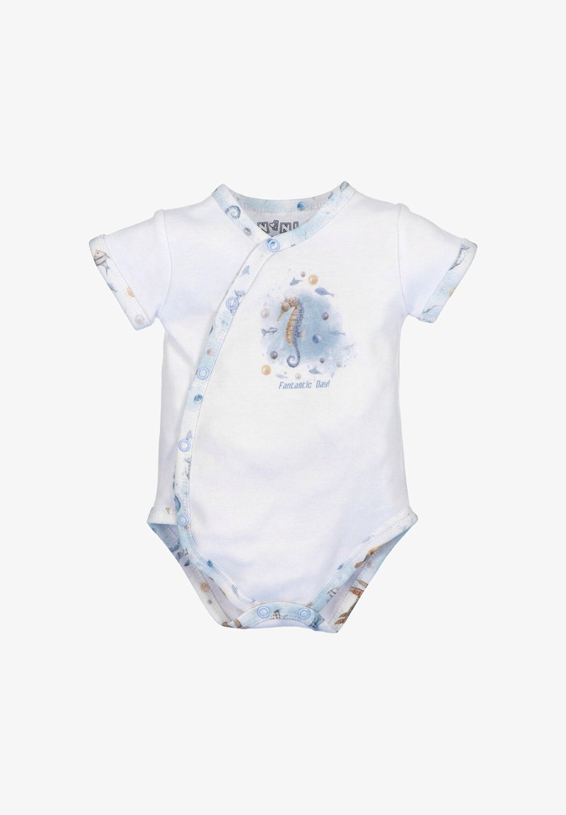 White baby bodysuit with short sleeves, featuring a seahorse design and light blue trim with ocean-themed patterns. Snaps for closure.