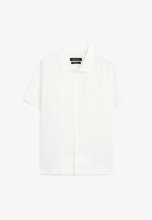 Short-sleeve white shirt made of lightweight fabric, featuring a classic collar, button fastening, and one chest pocket.