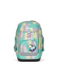Mochila multicolorida con patrón de burbujas, correas de hombro acolchadas, dos bolsillos laterales y una insignia de unicornio en el bolsillo delantero. Colores pastel apagados.