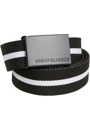 Black woven belt featuring white stripes, with a rectangular black metal buckle embossed with "URBAN CLASSICS." Textured surface.