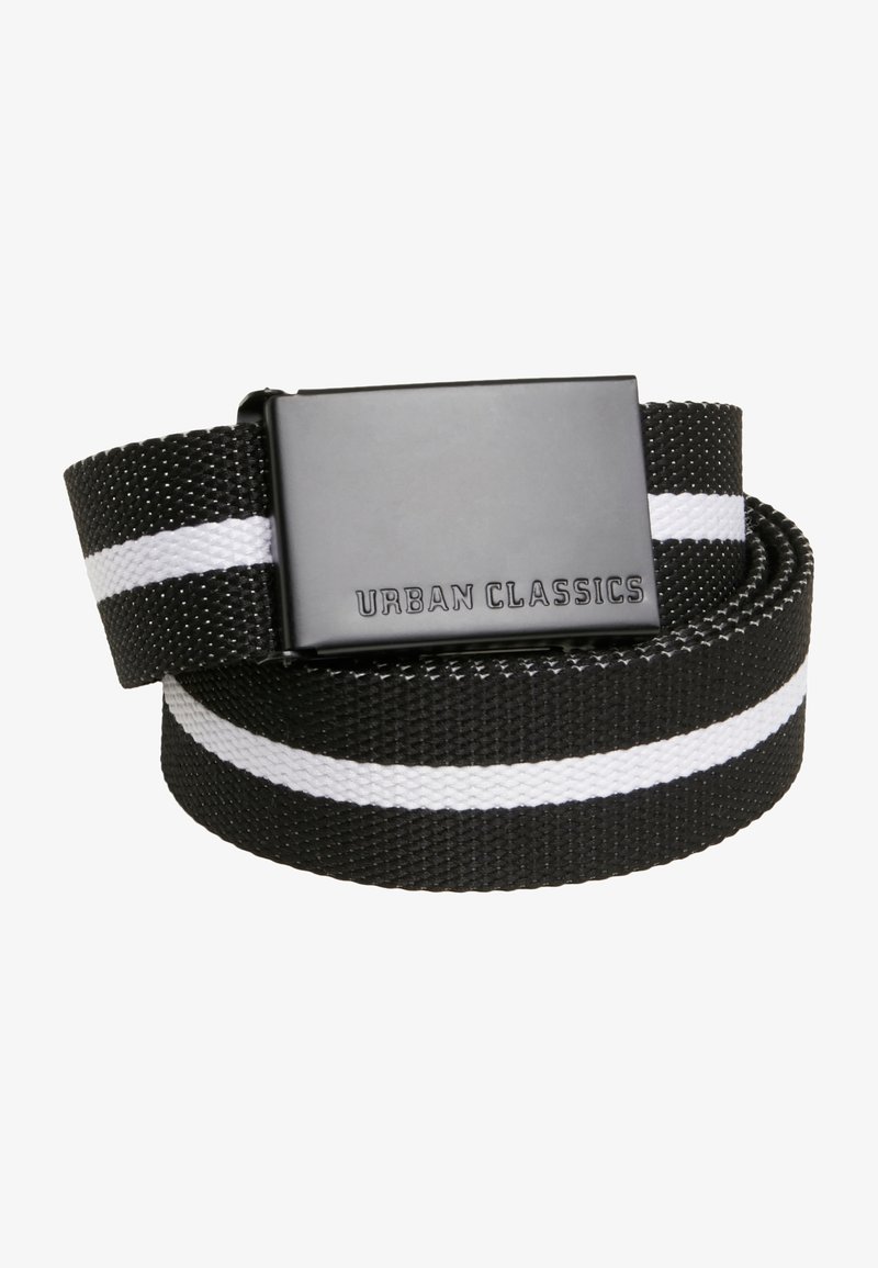 Black woven belt featuring white stripes, with a rectangular black metal buckle embossed with "URBAN CLASSICS." Textured surface.